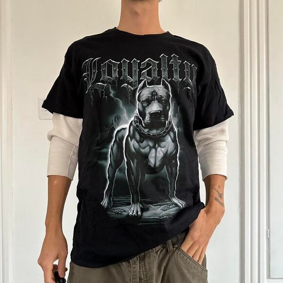 Y2K Grunge Big AOP Goth Cyber Loyalty Dog Graphic Tee Shirt - Picture 4 of 5